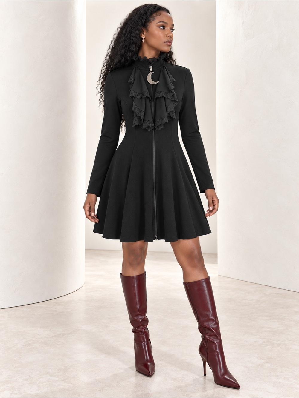 KILLSTAR Gothic Redingote Zip Dress Lace Ruffle Moon Pull Size M